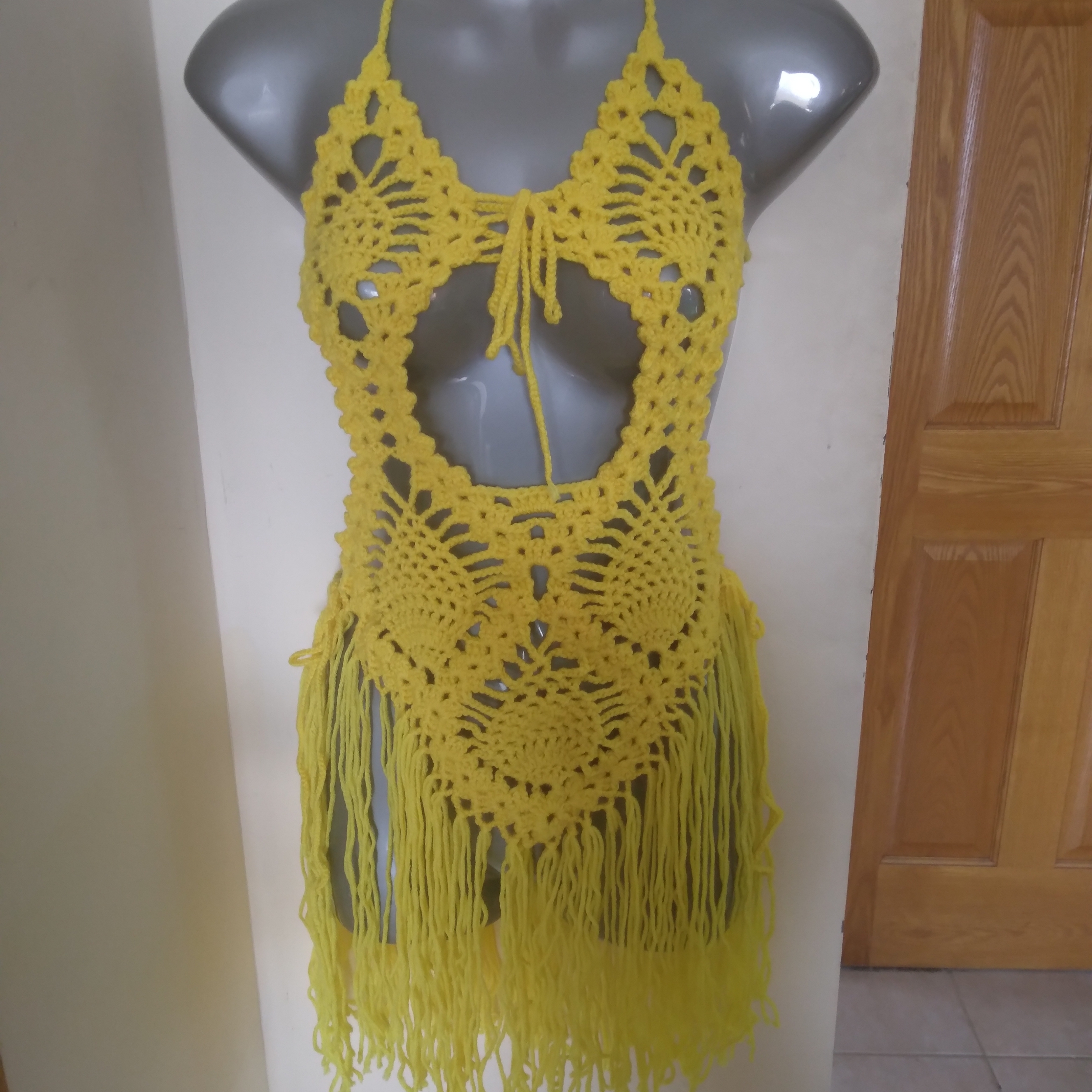 Festival Handmade Pineapple Crochet Fringe Dress In Bright Yellow